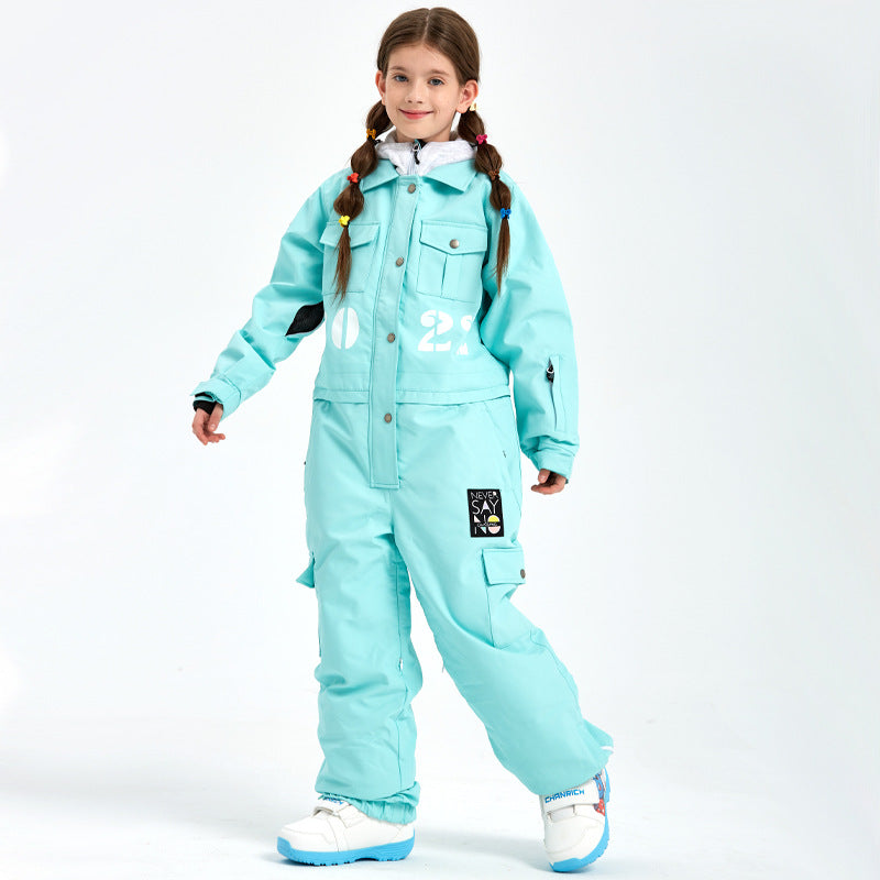 Kids Shirt Collar One-piece Snow Jumpsuits Winter Ski Overalls