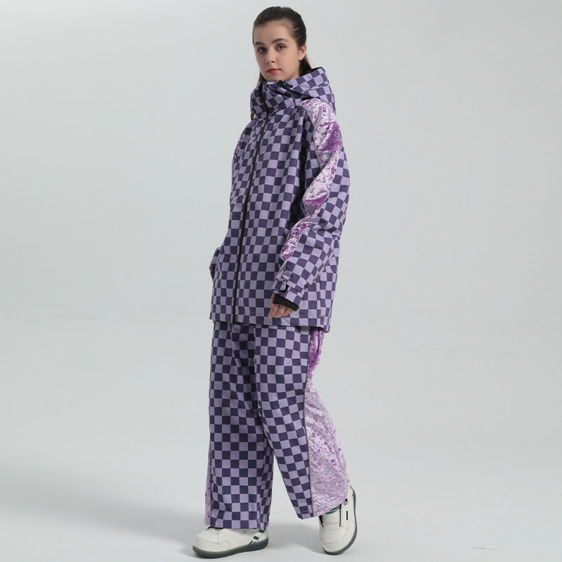 Women Grid Design Snow Jacket & Pants Set 