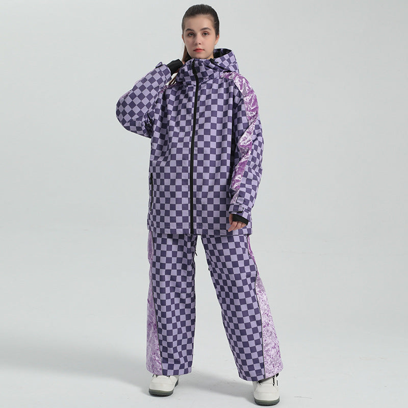 Women Grid Design Snow Jacket & Pants Set 