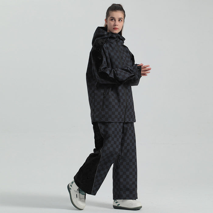 Women Grid Design Snow Jacket & Pants Set 