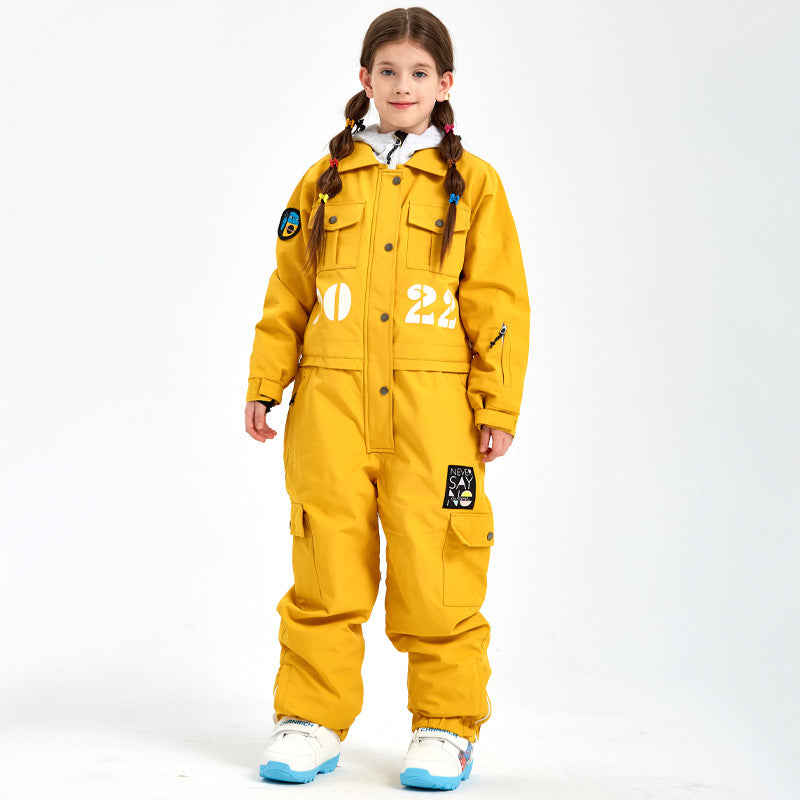 Kids One-piece Snow Jumpsuits Winter Shirt Collar Ski Overalls Riuiyele