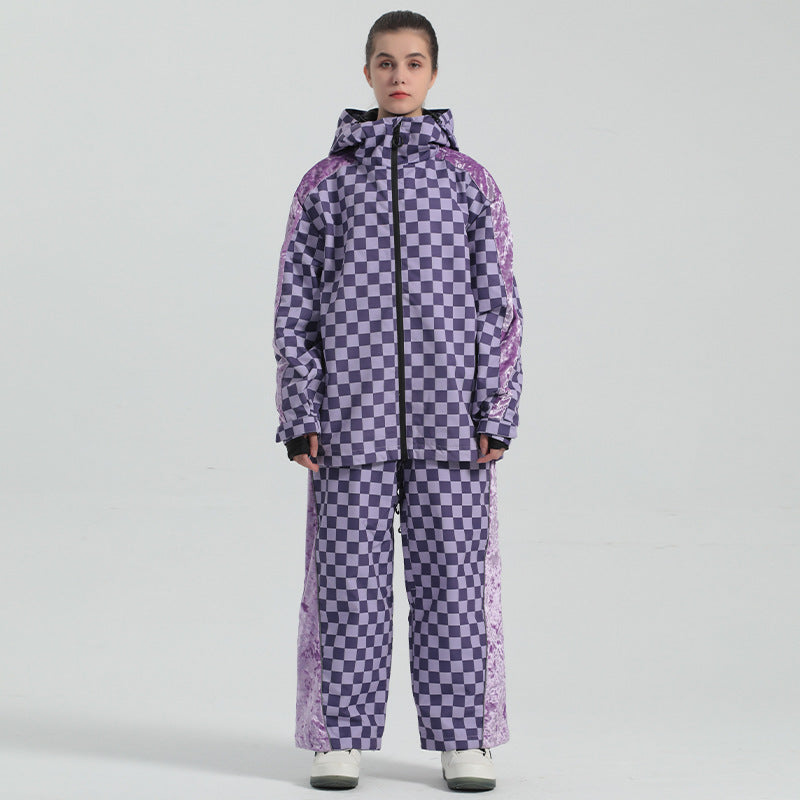 Women Grid Design Snow Jacket & Pants Set 