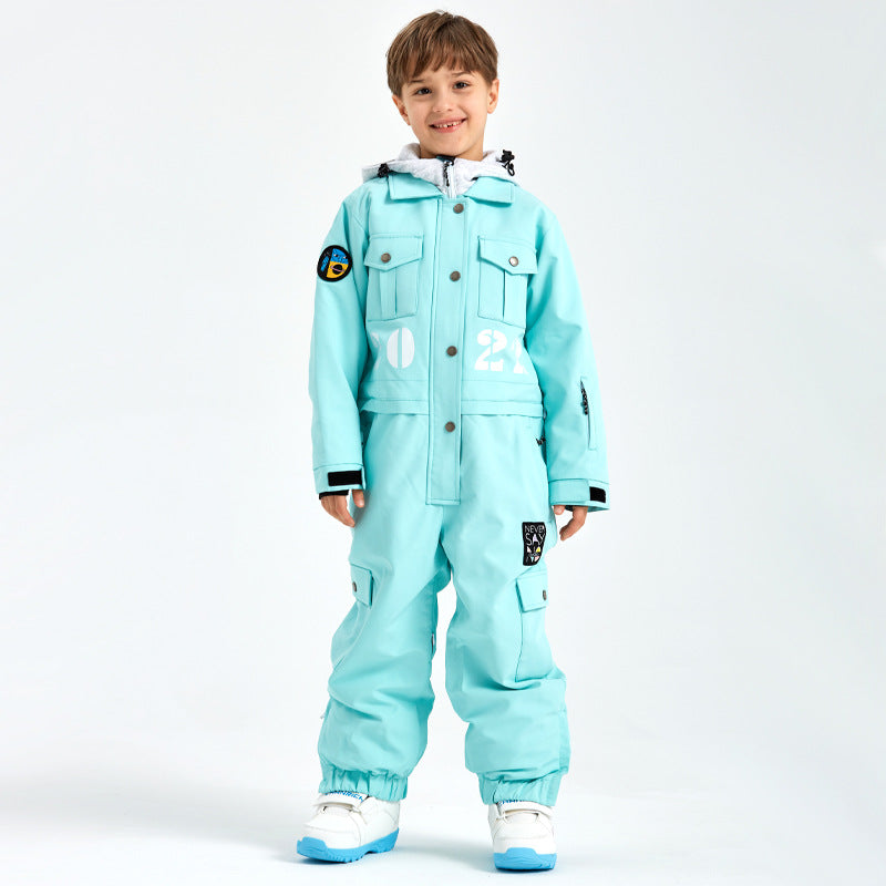 Kids Shirt Collar One-piece Snow Jumpsuits Winter Ski Overalls