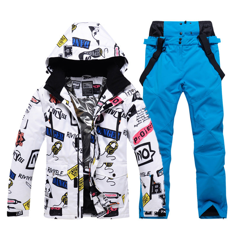 Men Graffiti Printed Jacket & Insulated Skiing Bibs Thick Snowsuits