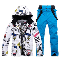 Men Graffiti Printed Jacket & Insulated Skiing Bibs Thick Snowsuits