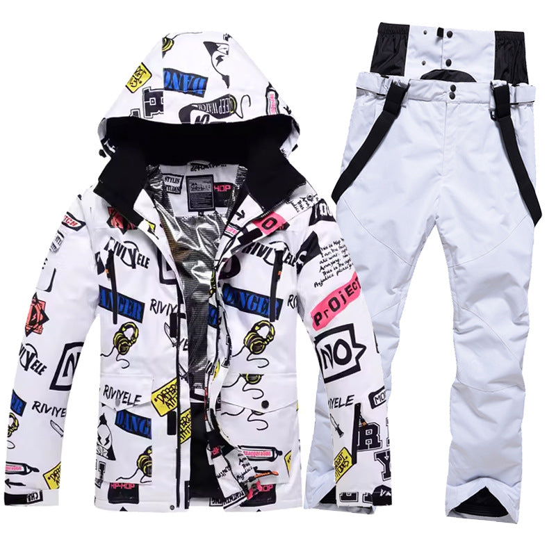 Men Graffiti Printed Jacket & Insulated Skiing Bibs Thick Snowsuits