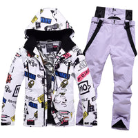 Men Graffiti Printed Jacket & Insulated Skiing Bibs Thick Snowsuits