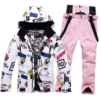 Men Graffiti Printed Jacket & Insulated Skiing Bibs Thick Snowsuits Riuiyele