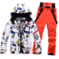 Men Graffiti Printed Jacket & Insulated Skiing Bibs Thick Snowsuits Riuiyele