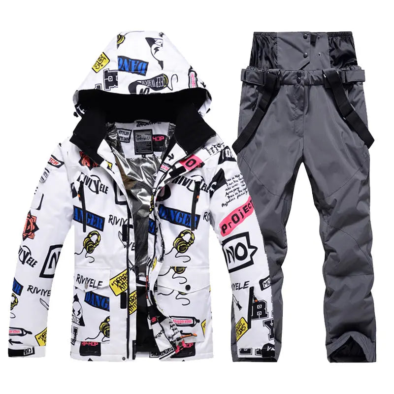 Men Graffiti Printed Jacket & Insulated Skiing Bibs Thick Snowsuits Riuiyele