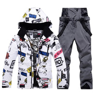 Men Graffiti Printed Jacket & Insulated Skiing Bibs Thick Snowsuits Riuiyele