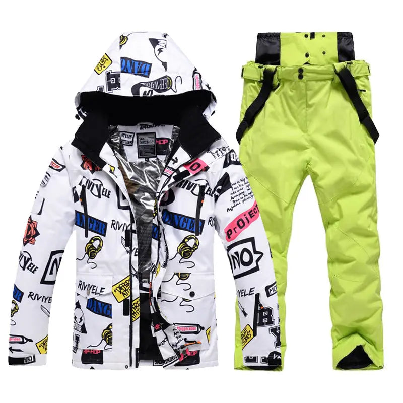 Men Graffiti Printed Jacket & Insulated Skiing Bibs Thick Snowsuits Riuiyele