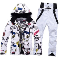 Men Graffiti Printed Jacket & Insulated Skiing Bibs Thick Snowsuits Riuiyele