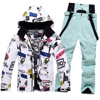 Men Graffiti Printed Jacket & Insulated Skiing Bibs Thick Snowsuits Riuiyele