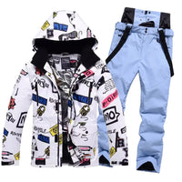 Men Graffiti Printed Jacket & Insulated Skiing Bibs Thick Snowsuits Riuiyele