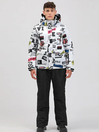 Men Graffiti Printed Jacket & Insulated Skiing Bibs Thick Snowsuits 