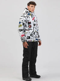 Men Graffiti Printed Jacket & Insulated Skiing Bibs Thick Snowsuits 