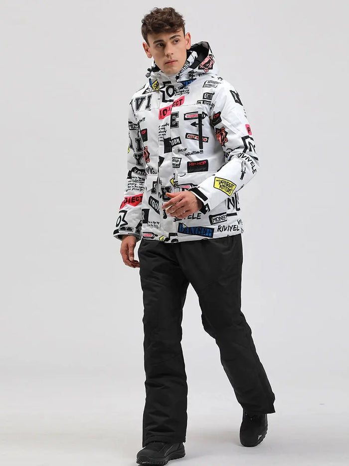 Men Graffiti Printed Jacket & Insulated Skiing Bibs Thick Snowsuits 