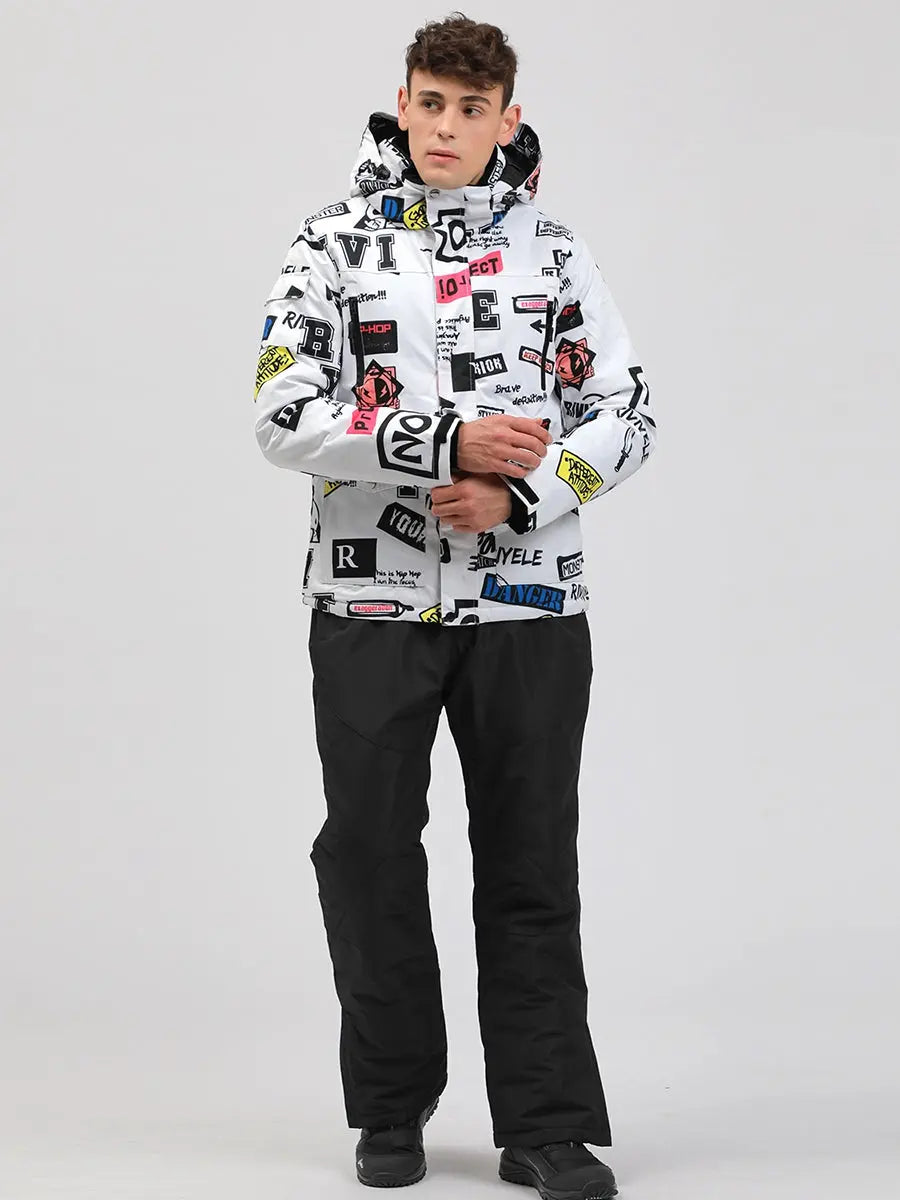 Men Graffiti Printed Jacket & Insulated Skiing Bibs Thick Snowsuits 