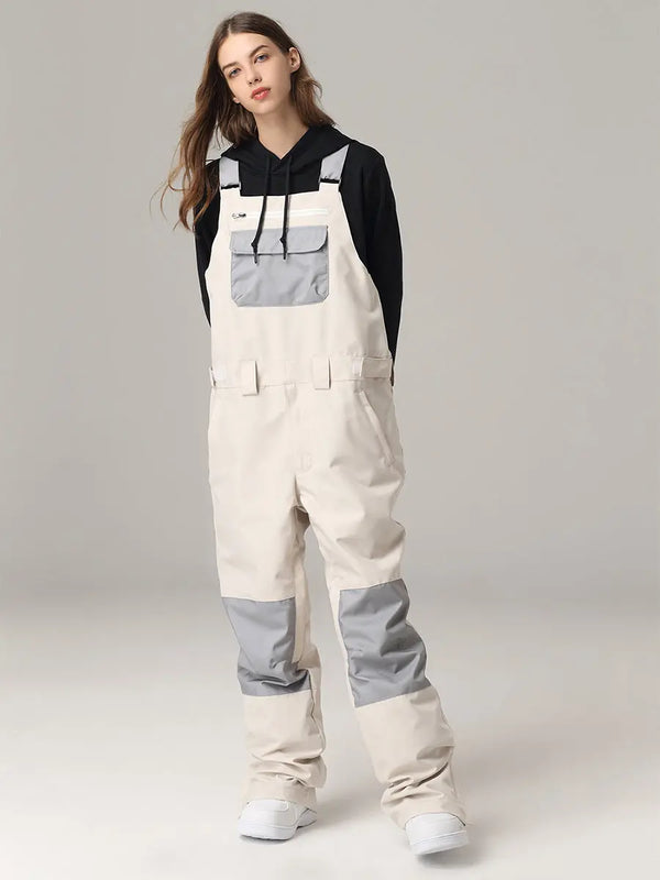 Women Contrast Color Ski Snow Bibs Pants 