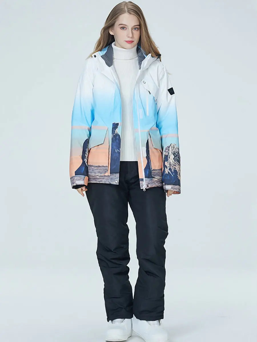 Women Printed Snow Snowboard Jacket & Bib Pants