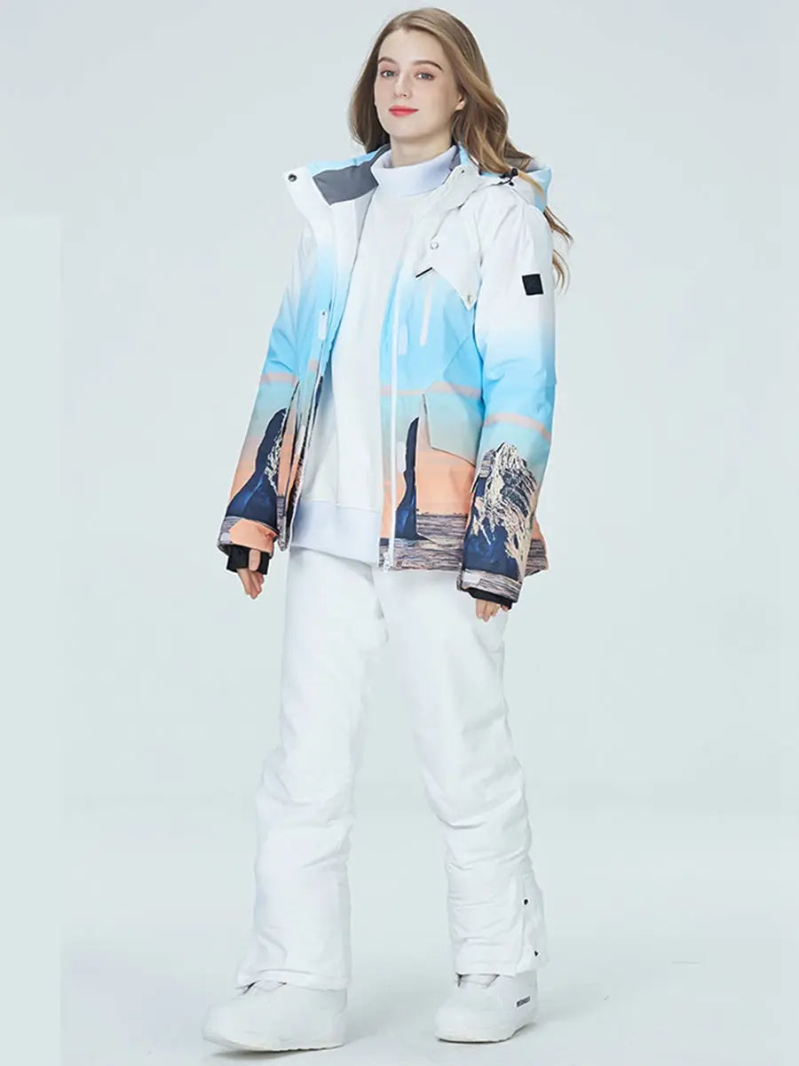 Women Printed Snow Snowboard Jacket & Bib Pants