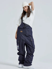 Women Ski Bibs Pants High Waist Tooling Big Pockets 