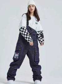 Women Ski Bibs Pants High Waist Tooling Big Pockets 