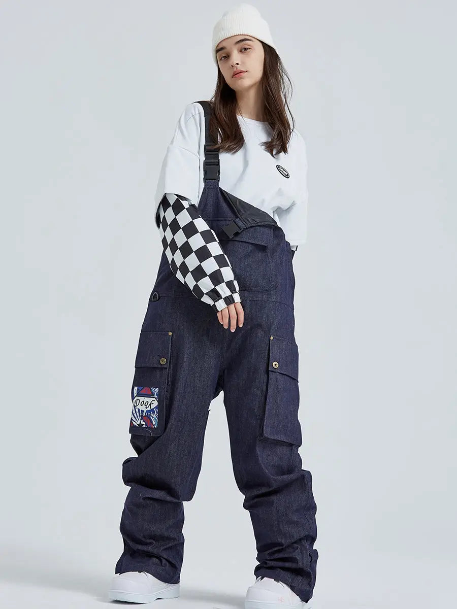 Women Ski Bibs Pants High Waist Tooling Big Pockets 