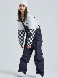 Women Ski Bibs Pants High Waist Tooling Big Pockets 